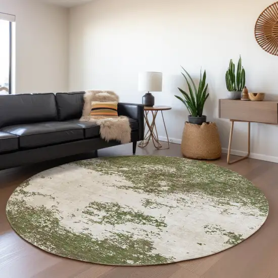 8' Olive Green Gray And Ivory Round Abstract Washable Indoor Outdoor Area Rug Photo 7