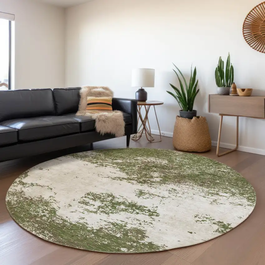 8' Olive Green Gray And Ivory Round Abstract Washable Indoor Outdoor Area Rug Photo 7