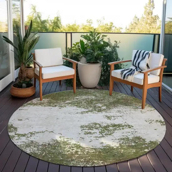 8' Olive Green Gray And Ivory Round Abstract Washable Indoor Outdoor Area Rug Photo 6