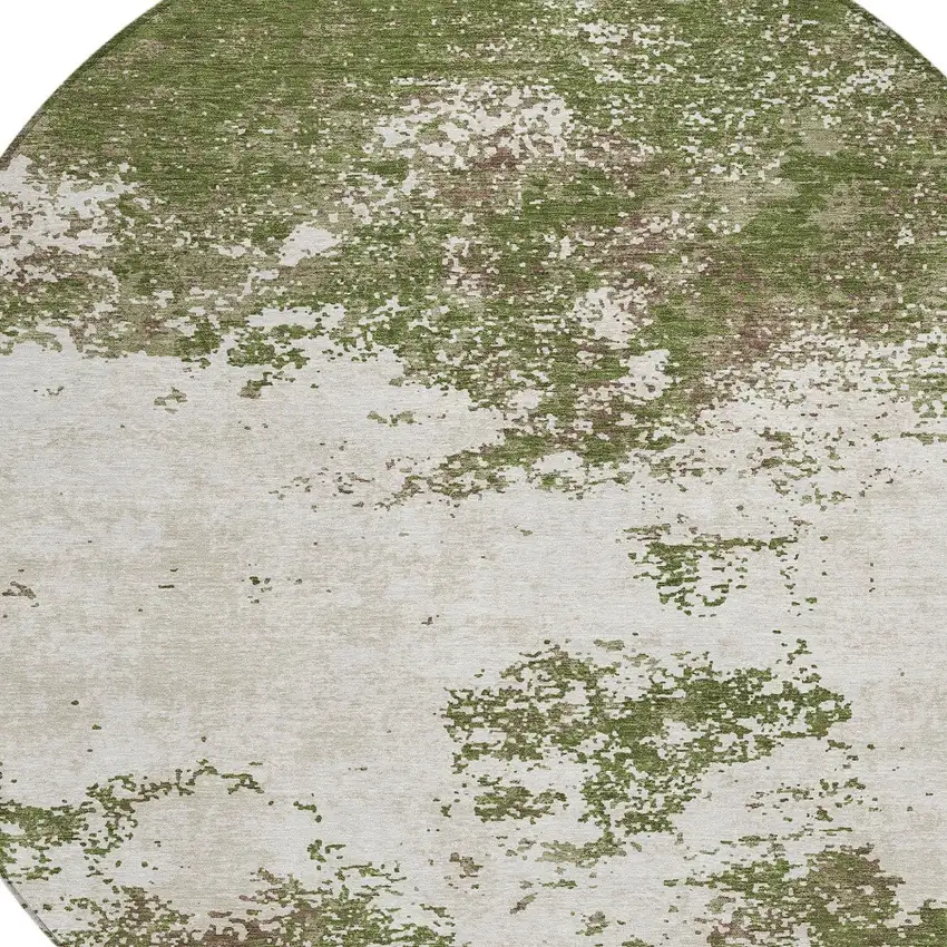 8' Olive Green Gray And Ivory Round Abstract Washable Indoor Outdoor Area Rug Photo 3