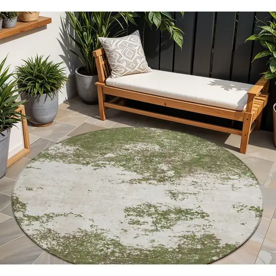 8' Olive Green Gray And Ivory Round Abstract Washable Indoor Outdoor Area Rug Photo 1