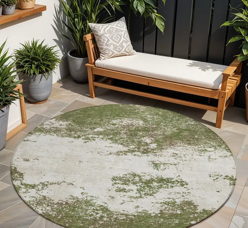 8' Olive Green Gray And Ivory Round Abstract Washable Indoor Outdoor Area Rug Photo 1