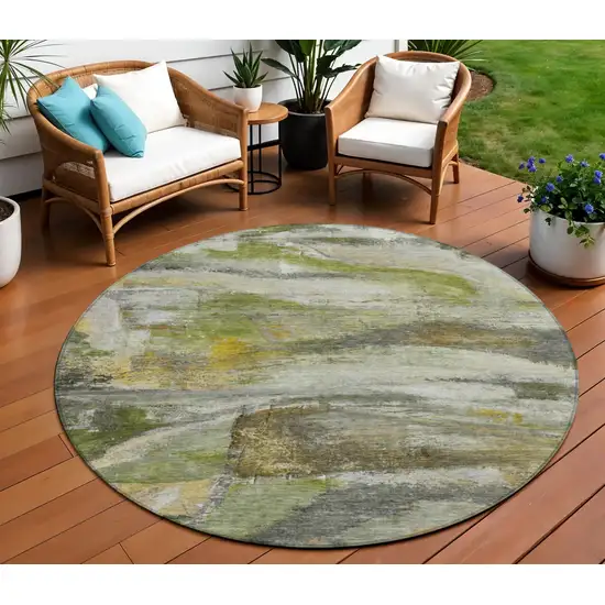 8' Olive Green Gray And Ivory Round Abstract Washable Indoor Outdoor Area Rug Photo 2
