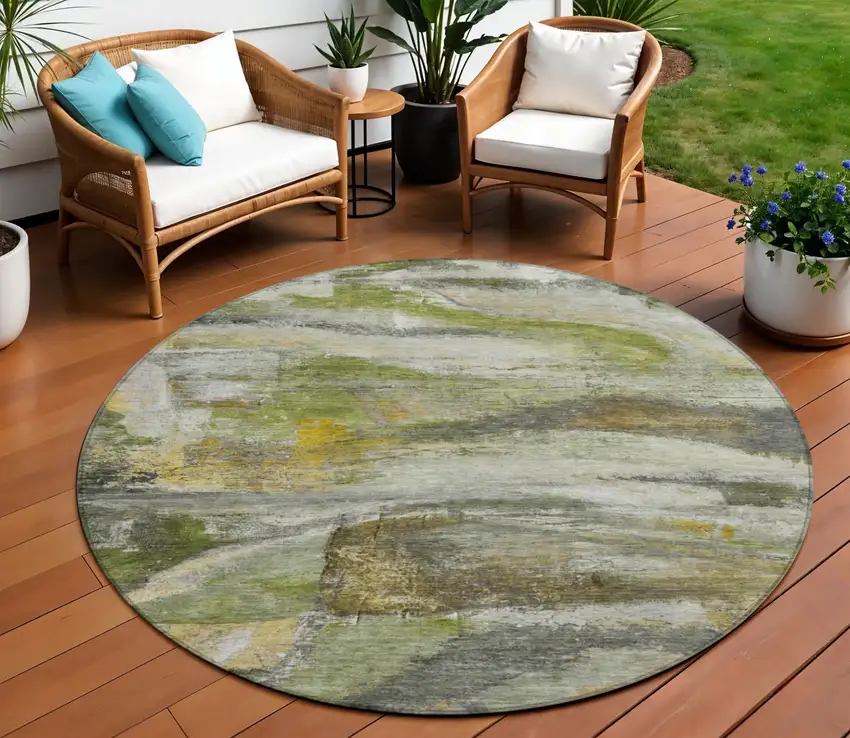 8' Olive Green Gray And Ivory Round Abstract Washable Indoor Outdoor Area Rug Photo 2