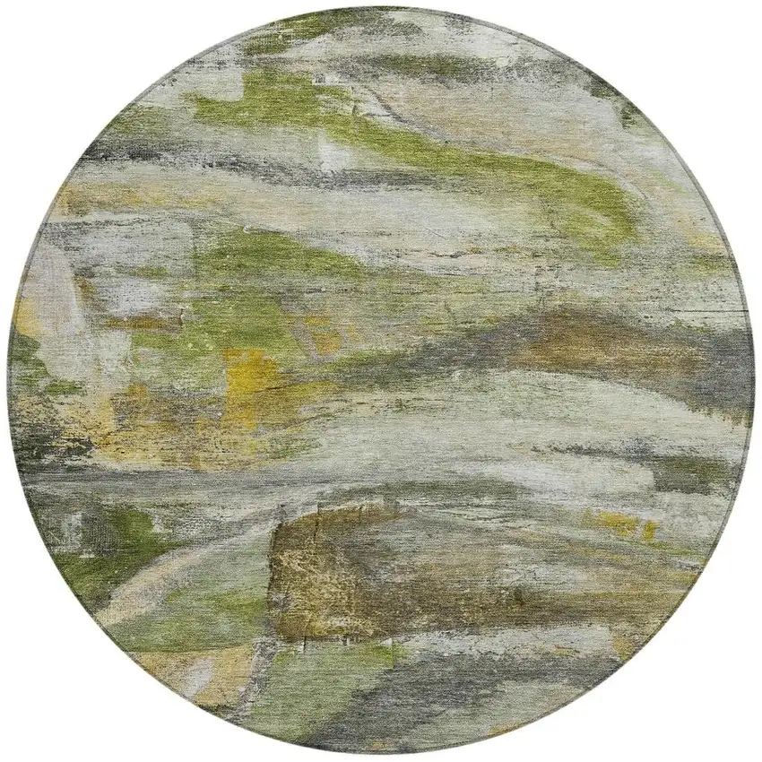 8' Olive Green Gray And Ivory Round Abstract Washable Indoor Outdoor Area Rug Photo 3