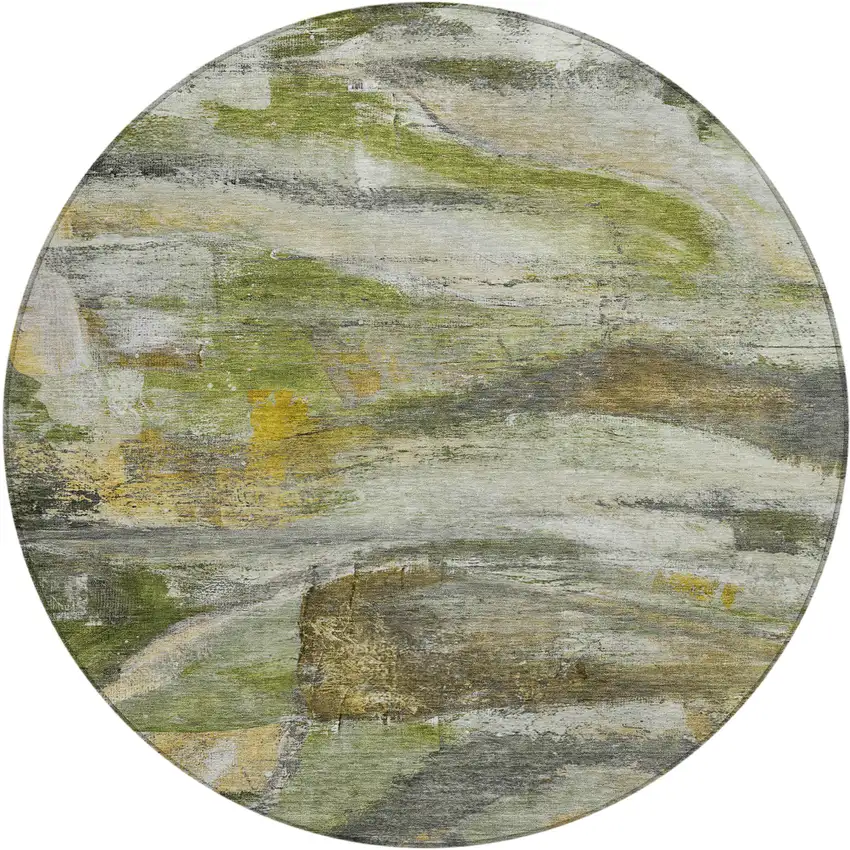 8' Olive Green Gray And Ivory Round Abstract Washable Indoor Outdoor Area Rug Photo 1