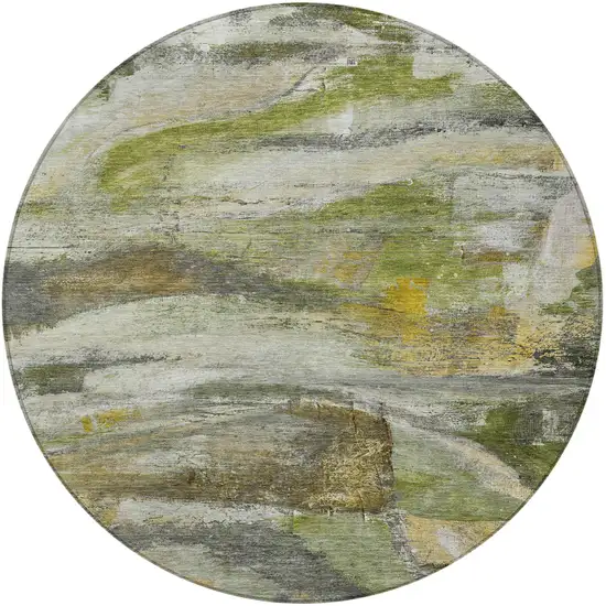 8' Olive Green Gray And Ivory Round Abstract Washable Indoor Outdoor Area Rug Photo 4