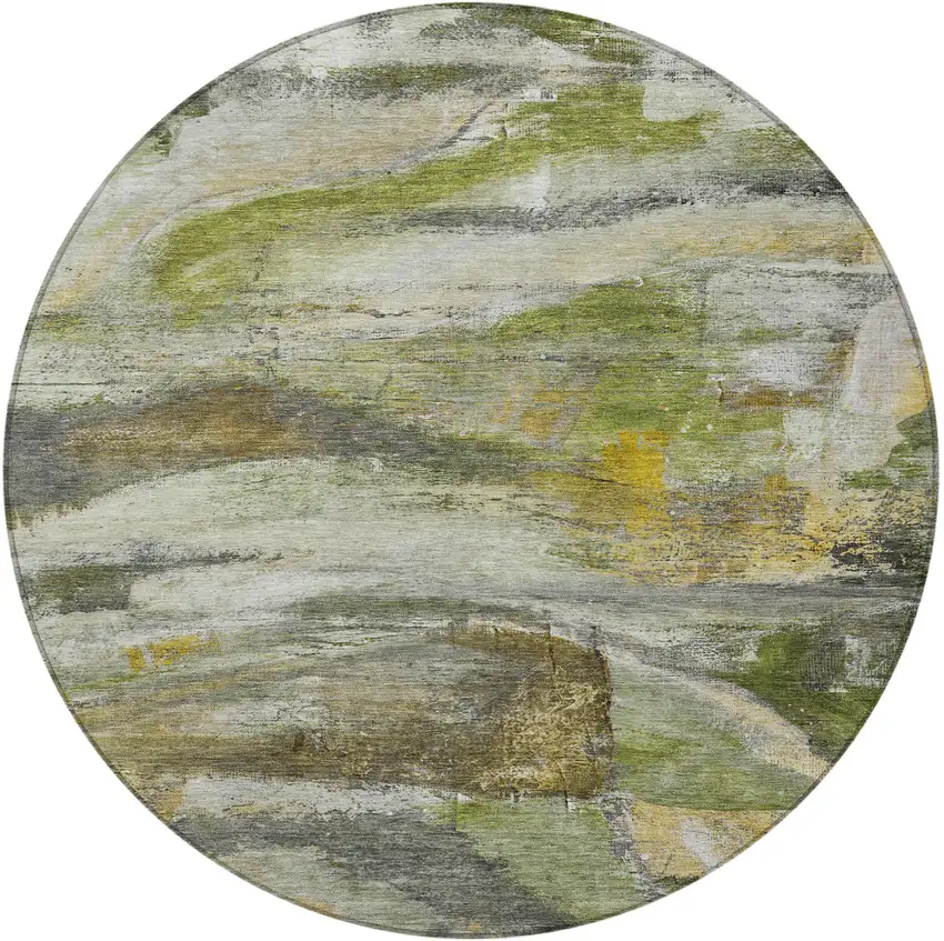 8' Olive Green Gray And Ivory Round Abstract Washable Indoor Outdoor Area Rug Photo 4