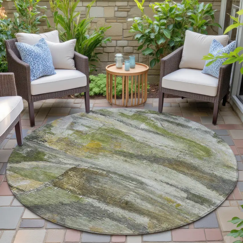 8' Olive Green Gray And Ivory Round Abstract Washable Indoor Outdoor Area Rug Photo 5