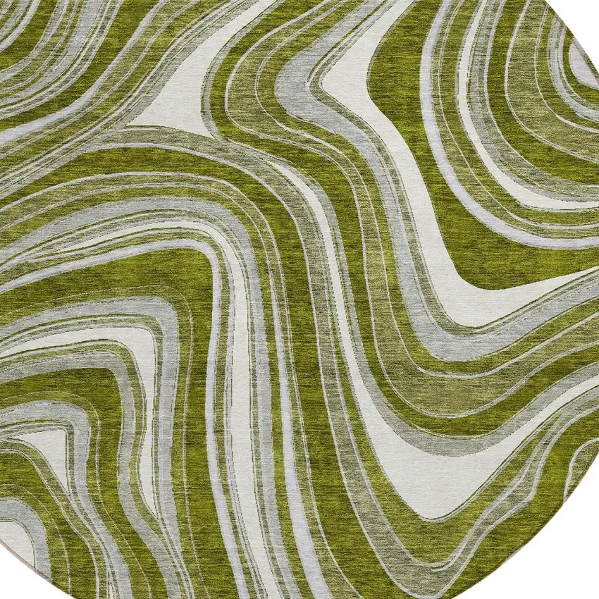 8' Olive Green Gray And Ivory Round Abstract Washable Indoor Outdoor Area Rug Photo 4
