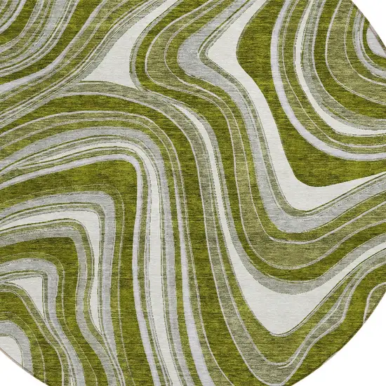 8' Olive Green Gray And Ivory Round Abstract Washable Indoor Outdoor Area Rug Photo 4