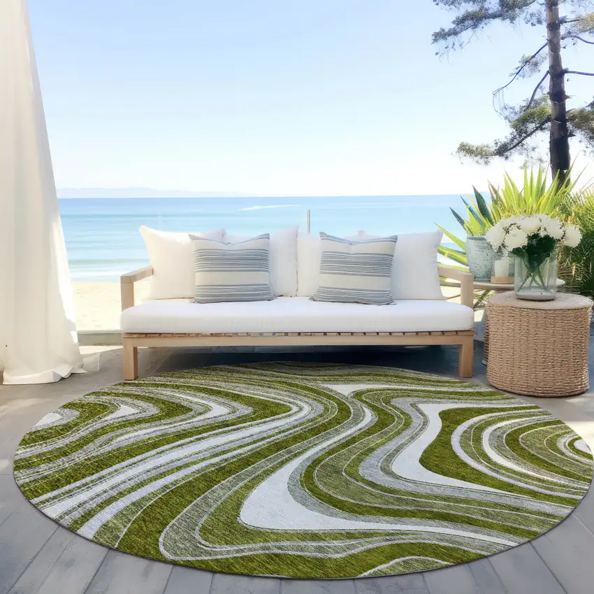 8' Olive Green Gray And Ivory Round Abstract Washable Indoor Outdoor Area Rug Photo 7