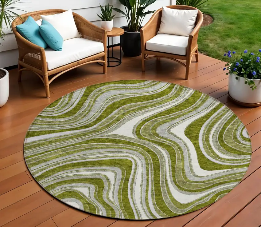 8' Olive Green Gray And Ivory Round Abstract Washable Indoor Outdoor Area Rug Photo 1