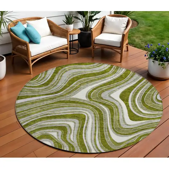 8' Olive Green Gray And Ivory Round Abstract Washable Indoor Outdoor Area Rug Photo 1