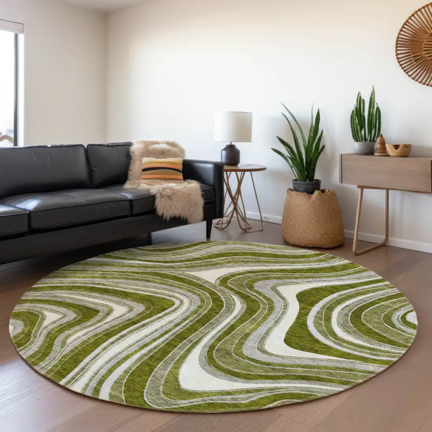 8' Olive Green Gray And Ivory Round Abstract Washable Indoor Outdoor Area Rug Photo 7