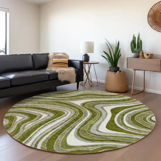 8' Olive Green Gray And Ivory Round Abstract Washable Indoor Outdoor Area Rug Photo 7