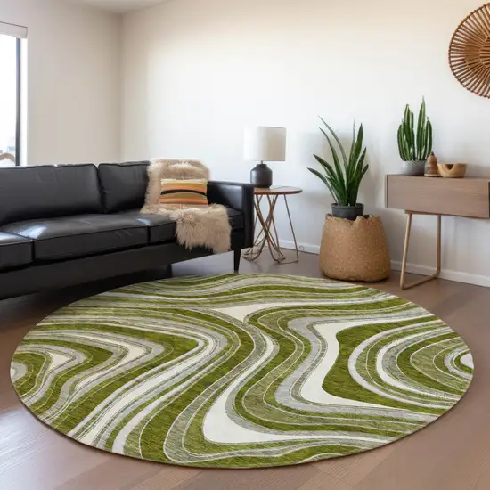 8' Olive Green Gray And Ivory Round Abstract Washable Indoor Outdoor Area Rug Photo 7