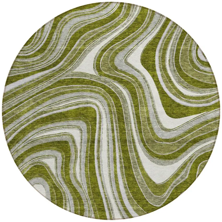 8' Olive Green Gray And Ivory Round Abstract Washable Indoor Outdoor Area Rug Photo 5