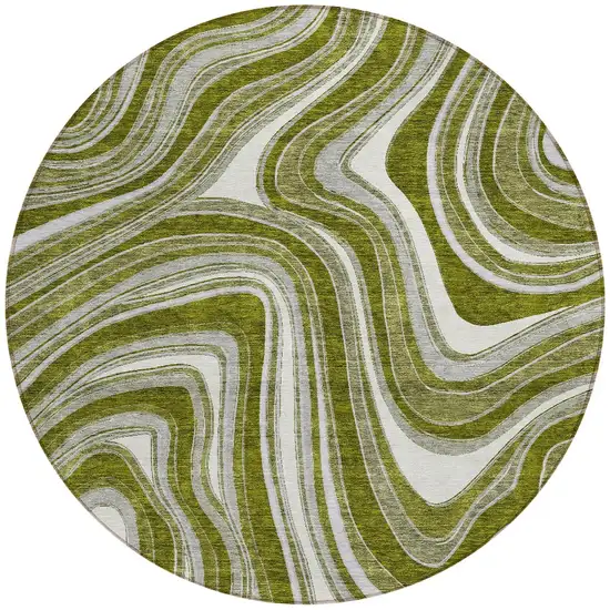 8' Olive Green Gray And Ivory Round Abstract Washable Indoor Outdoor Area Rug Photo 5