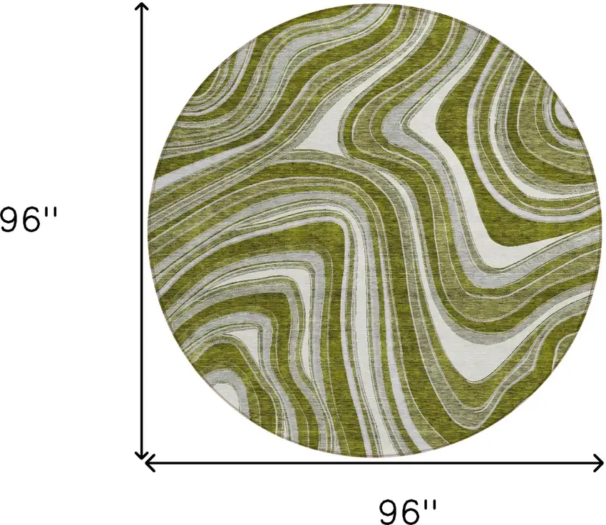 8' Olive Green Gray And Ivory Round Abstract Washable Indoor Outdoor Area Rug Photo 8