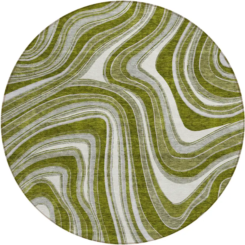 8' Olive Green Gray And Ivory Round Abstract Washable Indoor Outdoor Area Rug Photo 1