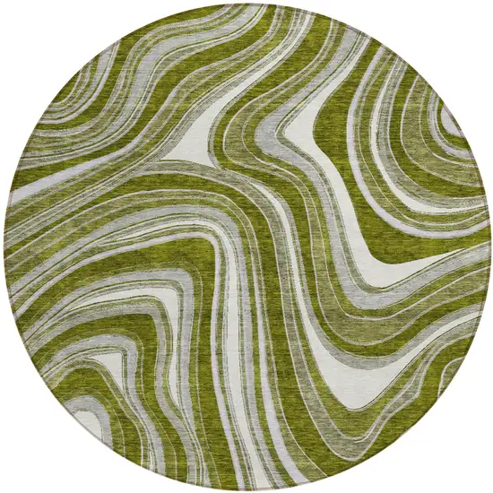 8' Olive Green Gray And Ivory Round Abstract Washable Indoor Outdoor Area Rug Photo 1