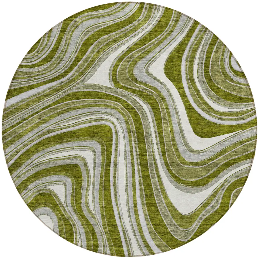 8' Olive Green Gray And Ivory Round Abstract Washable Indoor Outdoor Area Rug Photo 1