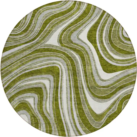 8' Olive Green Gray And Ivory Round Abstract Washable Indoor Outdoor Area Rug Photo 1