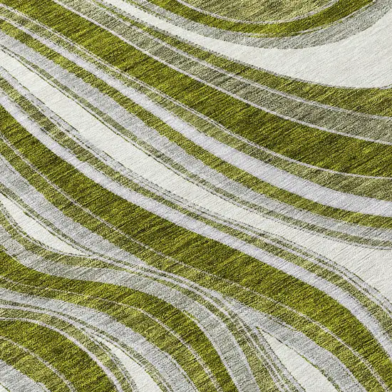 8' Olive Green Gray And Ivory Round Abstract Washable Indoor Outdoor Area Rug Photo 9