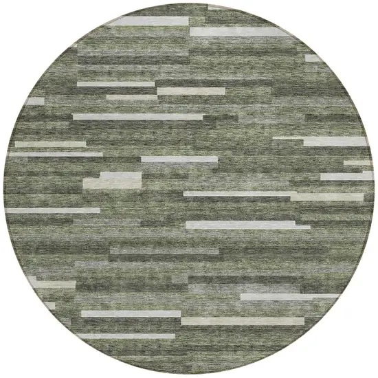 8' Olive Green Gray And Ivory Round Striped Washable Indoor Outdoor Area Rug Photo 6