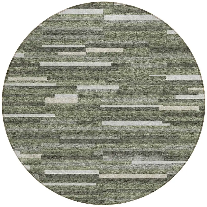 8' Olive Green Gray And Ivory Round Striped Washable Indoor Outdoor Area Rug Photo 6