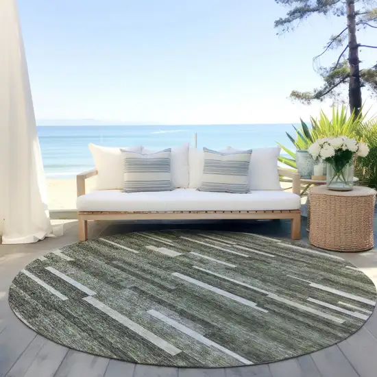 8' Olive Green Gray And Ivory Round Striped Washable Indoor Outdoor Area Rug Photo 7
