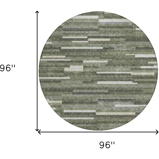 8' Olive Green Gray And Ivory Round Striped Washable Indoor Outdoor Area Rug Photo 3