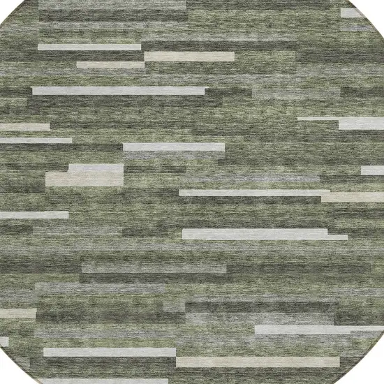 8' Olive Green Gray And Ivory Round Striped Washable Indoor Outdoor Area Rug Photo 5