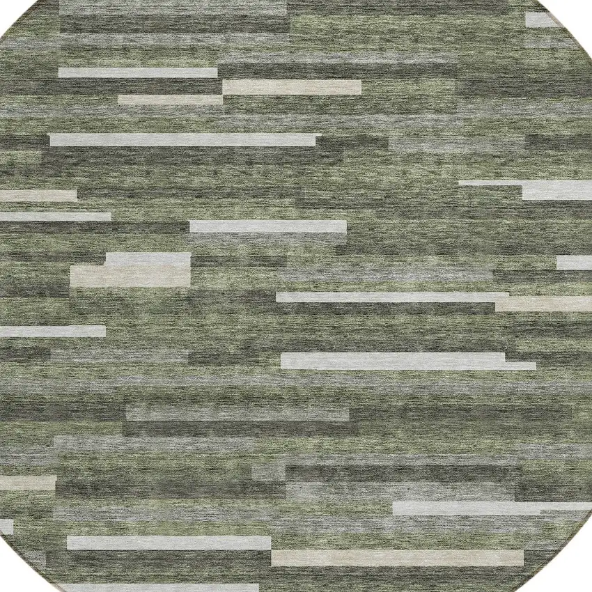 8' Olive Green Gray And Ivory Round Striped Washable Indoor Outdoor Area Rug Photo 5