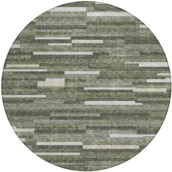 8' Olive Green Gray And Ivory Round Striped Washable Indoor Outdoor Area Rug Photo 2