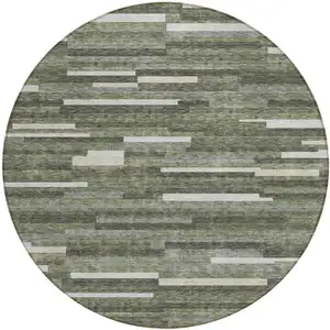 Photo of 8' Olive Green Gray And Ivory Round Striped Washable Indoor Outdoor Area Rug