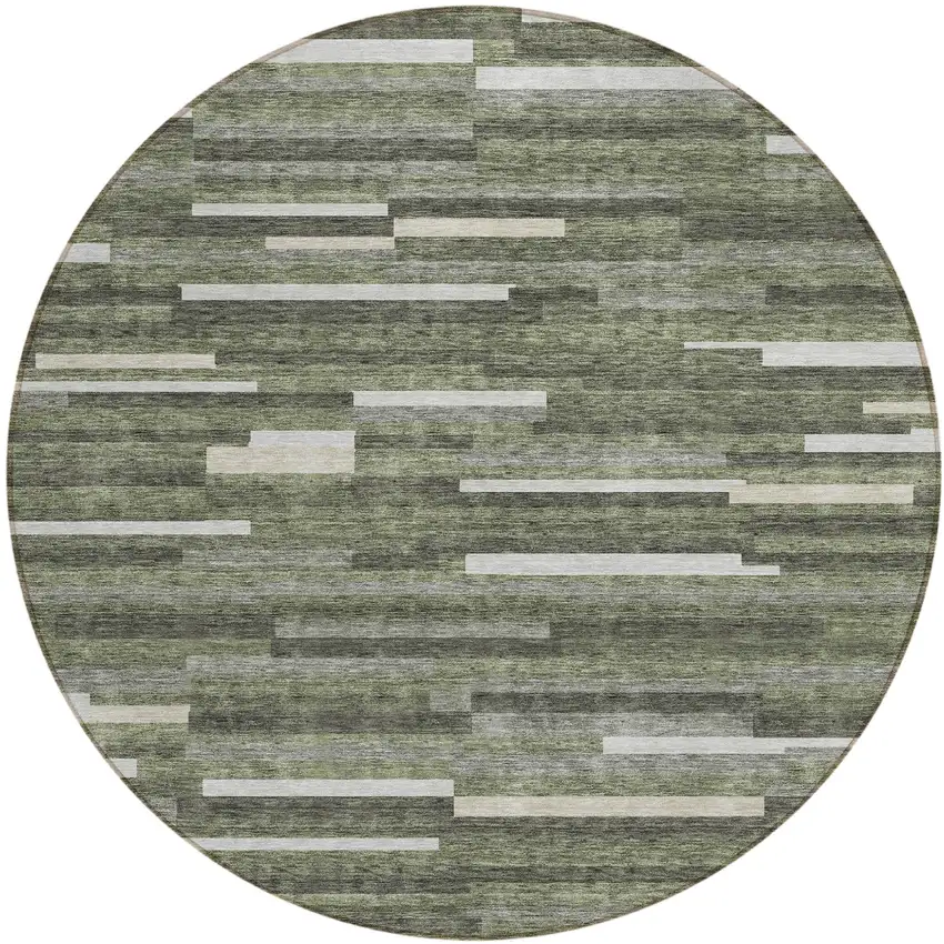 8' Olive Green Gray And Ivory Round Striped Washable Indoor Outdoor Area Rug Photo 2