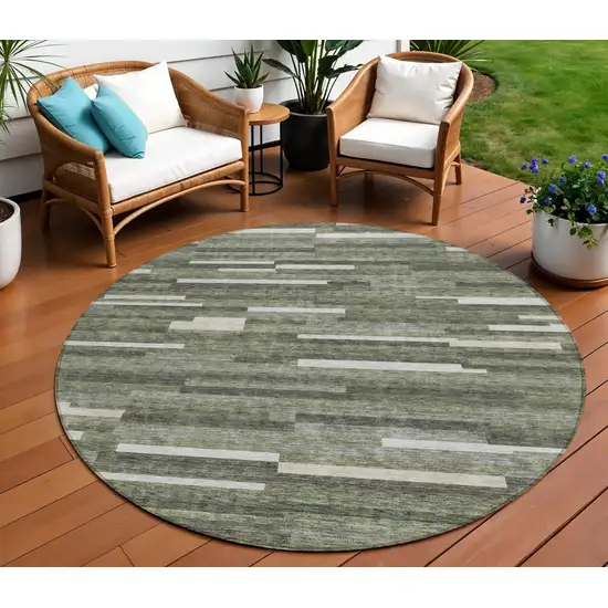 8' Olive Green Gray And Ivory Round Striped Washable Indoor Outdoor Area Rug Photo 1