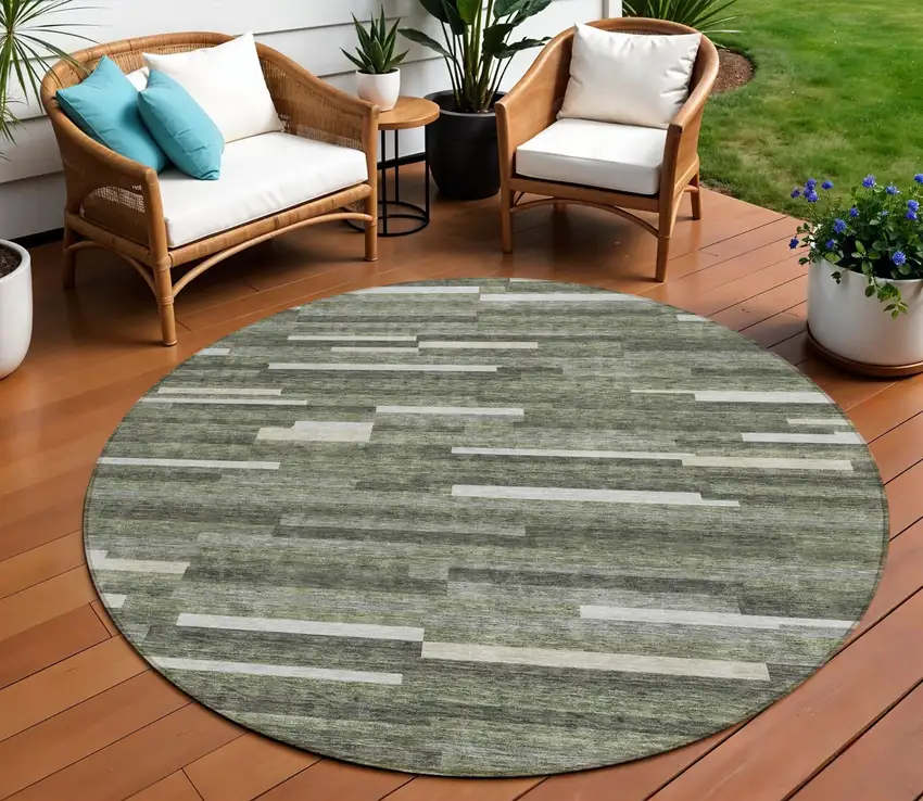 8' Olive Green Gray And Ivory Round Striped Washable Indoor Outdoor Area Rug Photo 1
