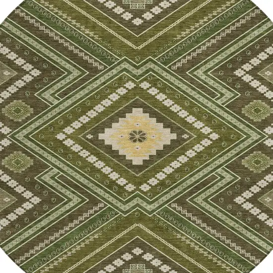 8' Olive Green Gray And Ivory Round Tribal Washable Indoor Outdoor Area Rug Photo 4