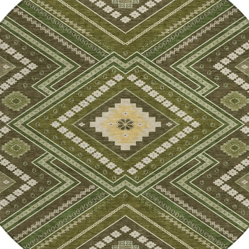 8' Olive Green Gray And Ivory Round Tribal Washable Indoor Outdoor Area Rug Photo 4