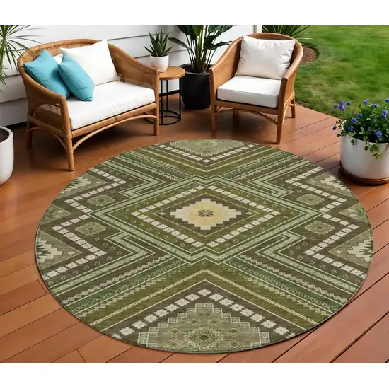 8' Olive Green Gray And Ivory Round Tribal Washable Indoor Outdoor Area Rug Photo 1
