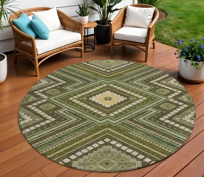 8' Olive Green Gray And Ivory Round Tribal Washable Indoor Outdoor Area Rug Photo 1