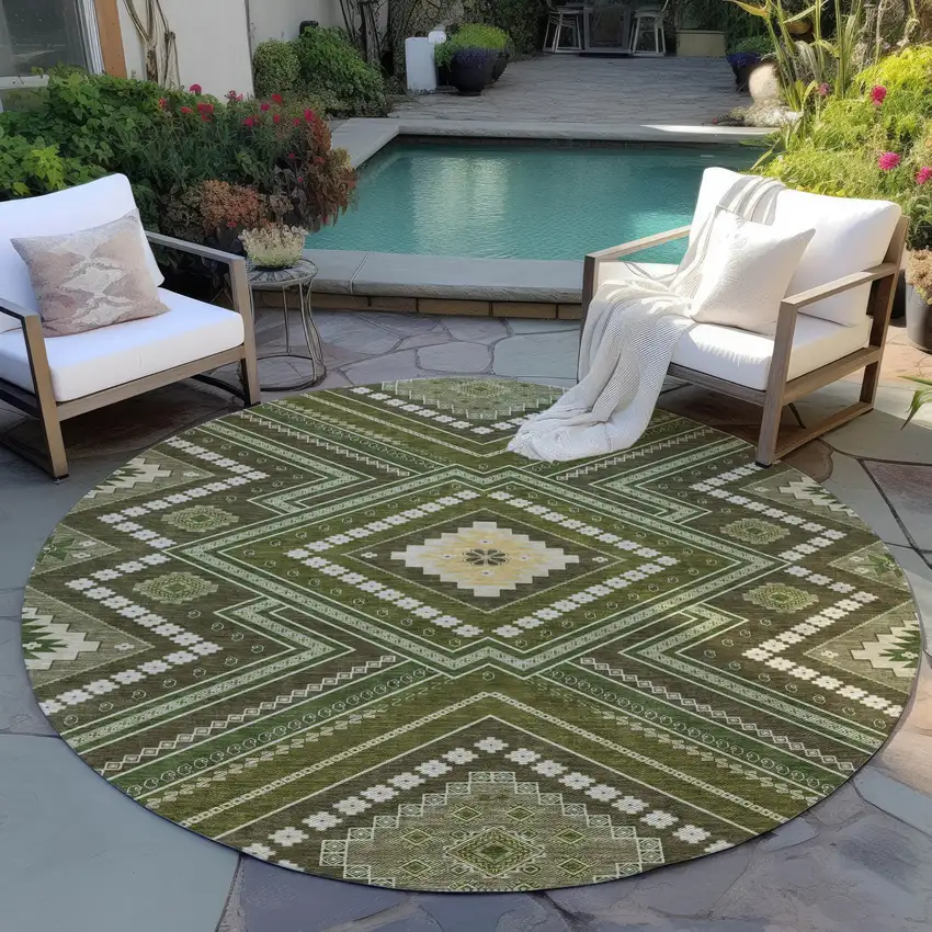 8' Olive Green Gray And Ivory Round Tribal Washable Indoor Outdoor Area Rug Photo 7