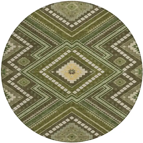 8' Olive Green Gray And Ivory Round Tribal Washable Indoor Outdoor Area Rug Photo 2