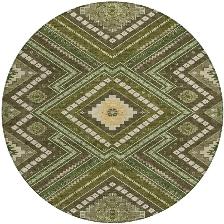 8' Olive Green Gray And Ivory Round Tribal Washable Indoor Outdoor Area Rug Photo 2