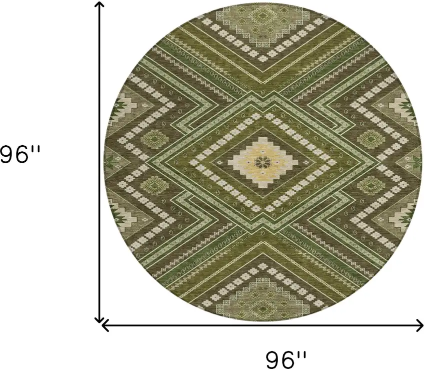 8' Olive Green Gray And Ivory Round Tribal Washable Indoor Outdoor Area Rug Photo 3