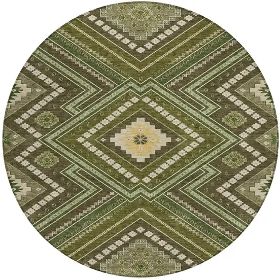 8' Olive Green Gray And Ivory Round Tribal Washable Indoor Outdoor Area Rug Photo 6
