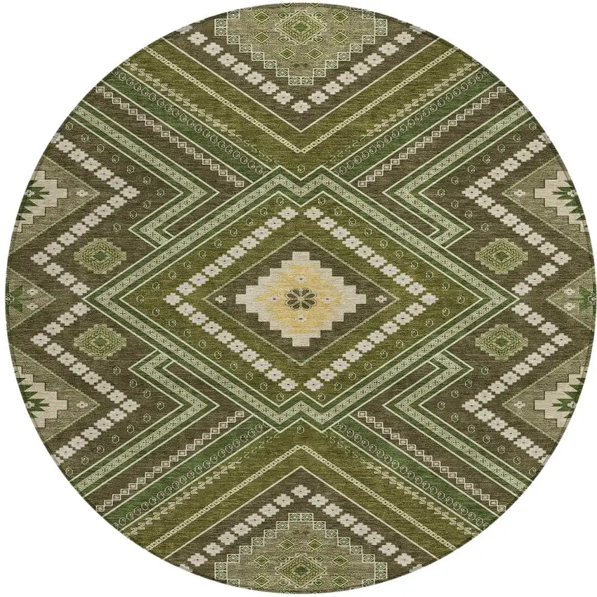 8' Olive Green Gray And Ivory Round Tribal Washable Indoor Outdoor Area Rug Photo 6